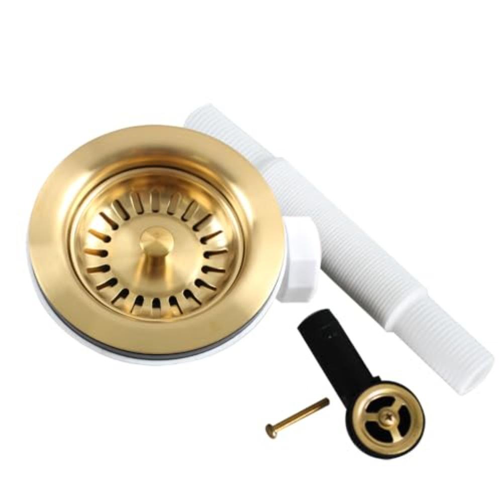 Küchenspüle Ablaufgarnitur Titan-Goldbeschichteter Edelstahl-Siebkorb mit rundem Überlaufloch und Abfallkorb-Baugruppe