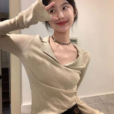 French Gentle Polo Collar Knit Base Layer Top Women's Inner Wear Spring Autumn Milk-style Slim Fit Top for Layering Under Coats