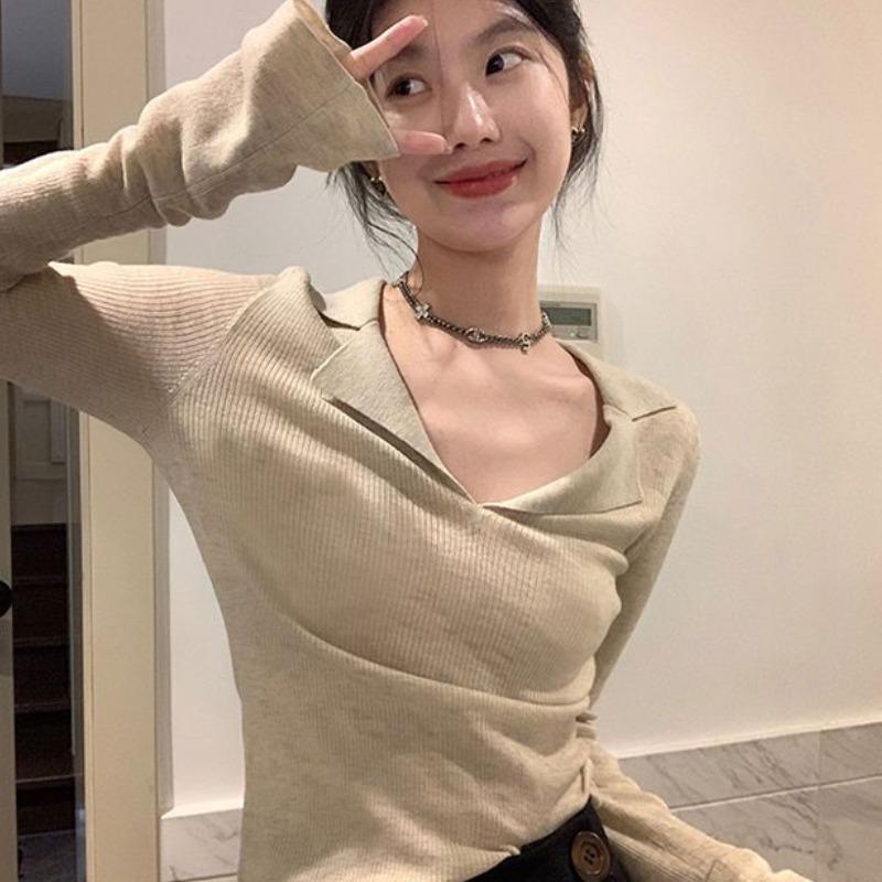 

Французский нежный трикотажный базовый топ с воротником поло Женское нижнее белье Весна Осень Молочный стиль Облегающий топ для ношения под пальто XL абрикосовый