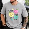 Happy To See Your Face Pastel Smiling Apple Graphic Tee, Checker Fruit Floral White Cotton Top, Cute Teacher Classroom Casual Shirt