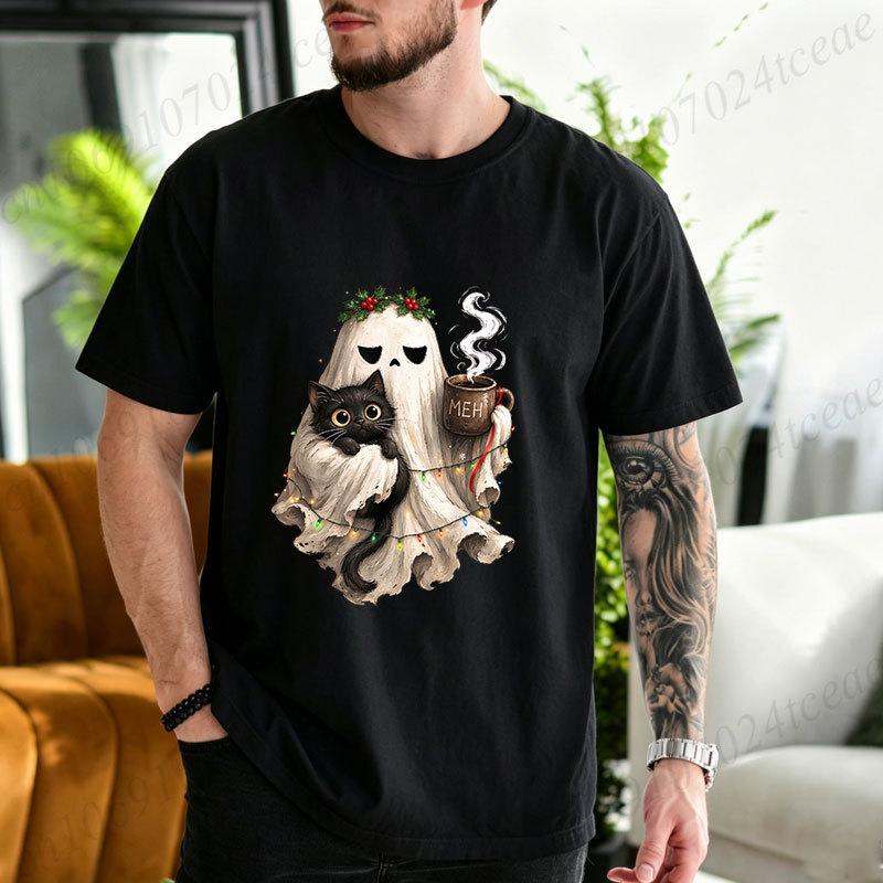 Cotton T-Shirt Spooky Christmas Tshirt Goth Black Cat Christmas Graphic Tee T‑shirt Funny Coffee Cup Tshirts Vintage Gothic Holiday Tops Gifts