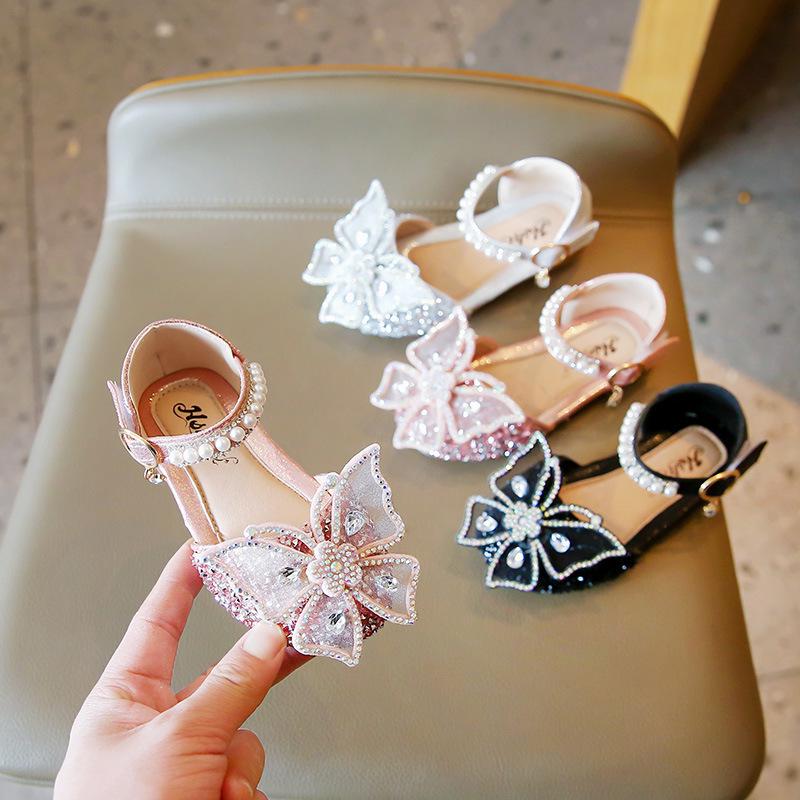 2026 Spring/Summer Girls' Korean Style Elegant Princess Shoes with Rhinestone Bow and Soft Sole