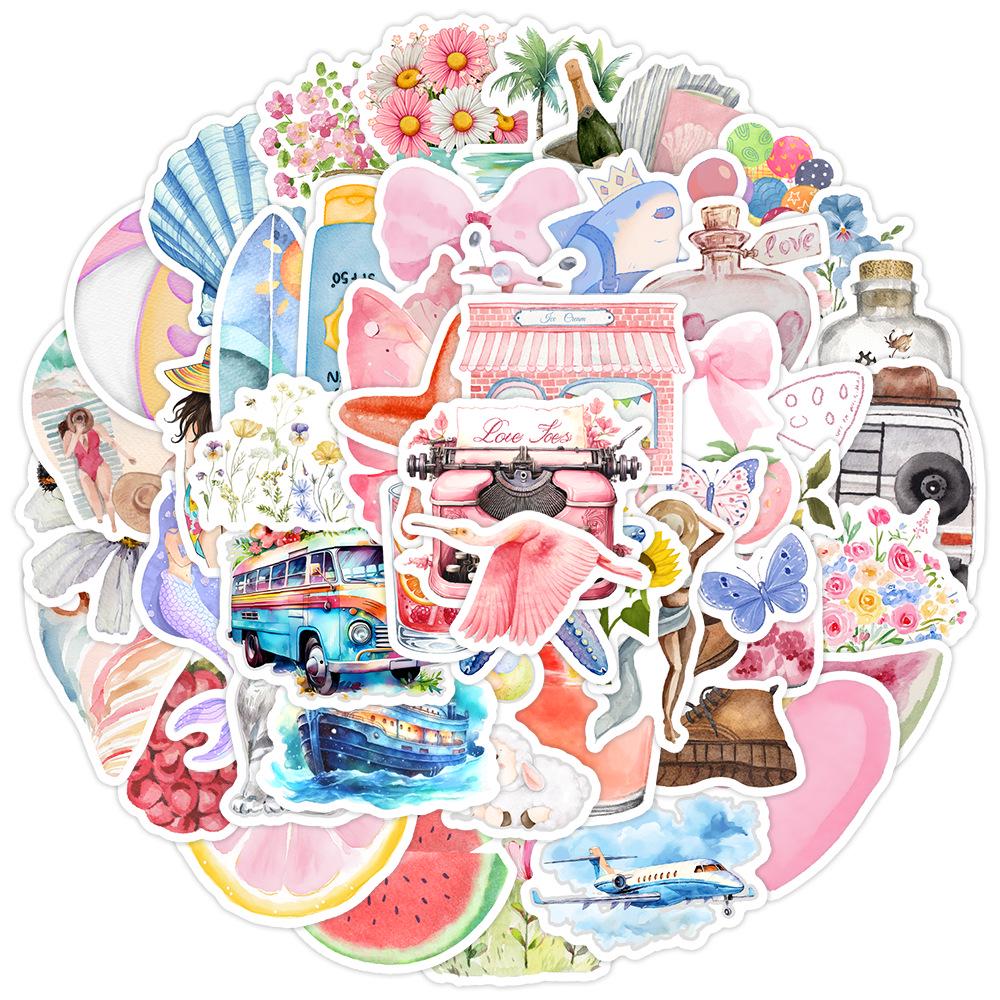 50 Watercolor Doodle Stickers: Waterproof Decorative Stickers for Water Bottles, Phones, & Computers. Perfect for Creative Stationery.