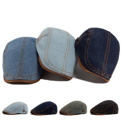 Neuer Patchwork Braunrand Denim Flacher Hut Retro Männer und Frauen Barett Frühling Herbst Lässig Vintage Schiebermütze Baumwolle Verstellbar