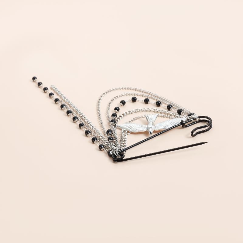 Swallow Black Beaded Tassel Multi-Layer Chain Brooch For Women Clothes Jewelry Accessries Gifts