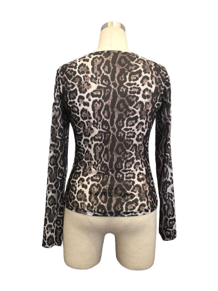 Independent Station Summer Women's Fashion Transparent Leopard Printed Mesh Round Collar Long Sleeve Slim T-shirt Versatile Fashion Shirt