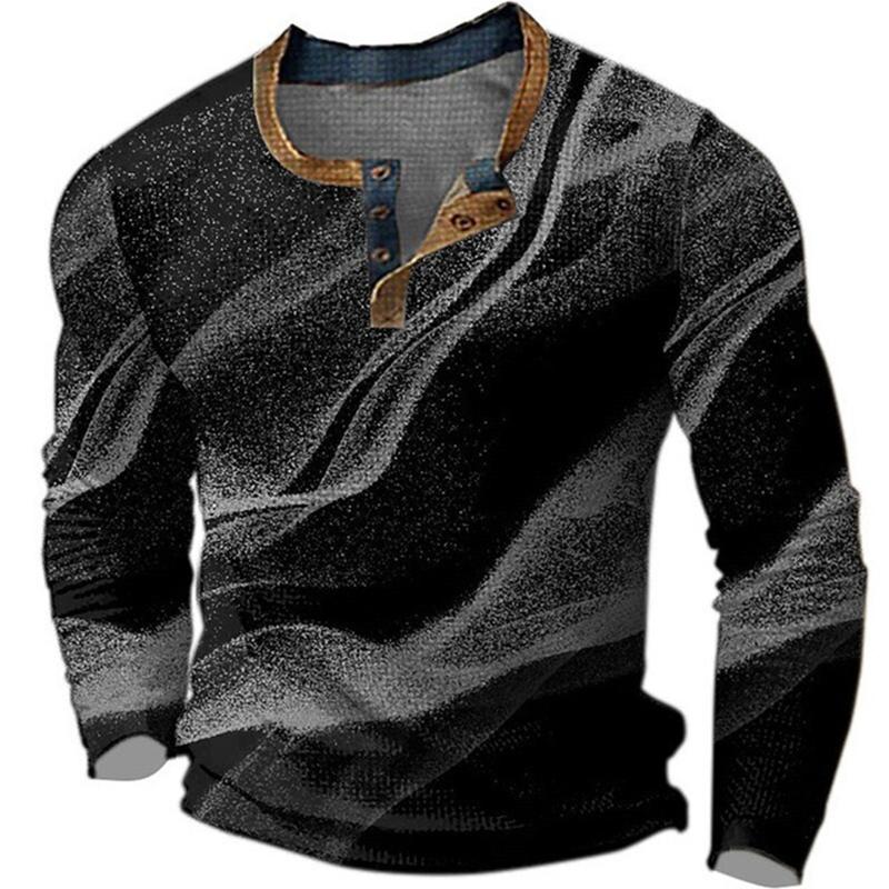Unregelmäßiges Herren-T-Shirt mit 3 Knöpfen und Digitaldruckmuster, bequeme Polyesterfaser für Frühjahrs- und Herbstbekleidung, tägliche Outdoor-Bekleidung