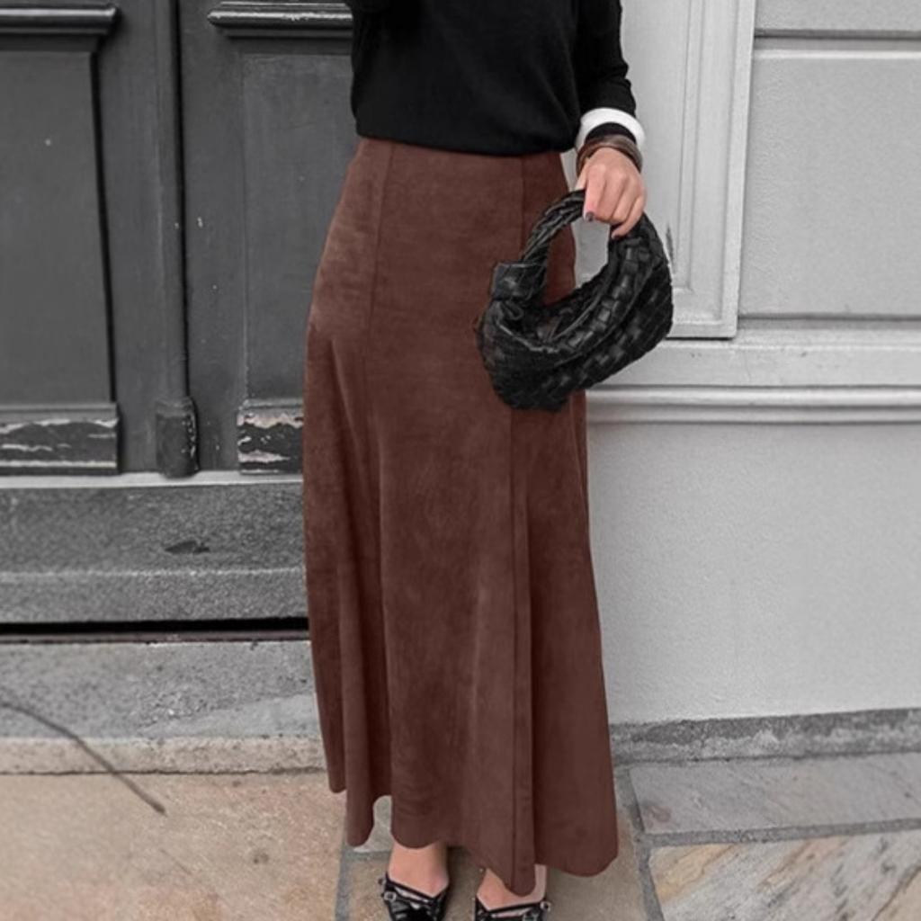 2026 Herbst Vintage Braun Fleecegefüttert Hohe Taille A-Linie Midi Wildlederrock Französischer Stil Eleganter Damenrock