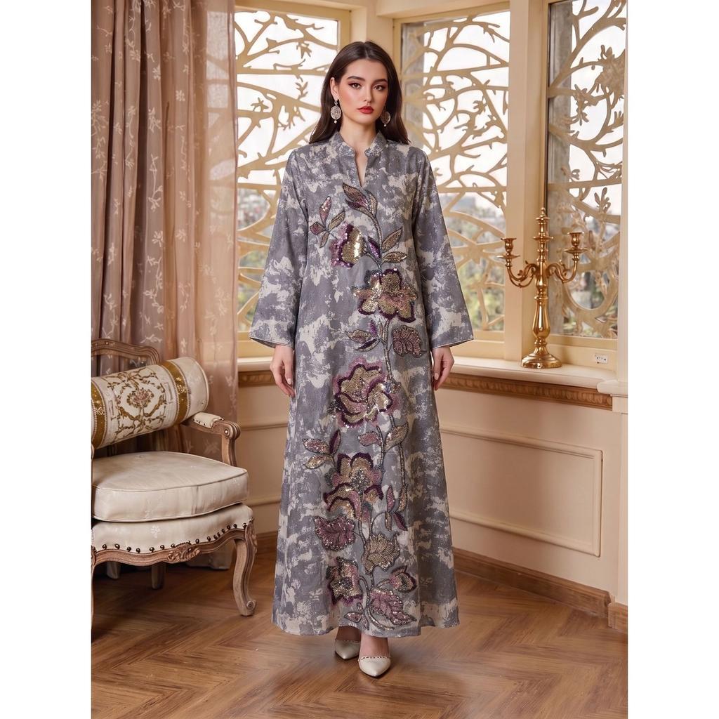 New Heavy Embroidered Long Robe Stand Collar Loose Printed Dress Women's Casual Wear Multiple Colors In Stock