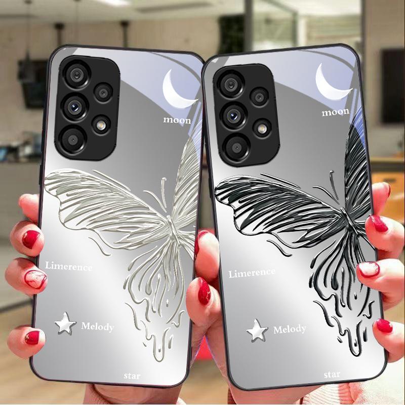 Metallic Butterfly For Samsung Galaxy S10 20 Plus 21 FE 22 23 24 FE 25 Ultra Black Tempered Glass Phone Case Hard Shell