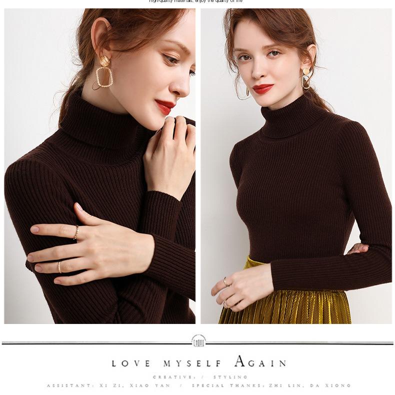 WomenTurtleneck Sweater Autumn Winter Slim Fit Pullover Tight Stretch Knit Base Shirt Long Sleeve Simple Pullover Knit Top