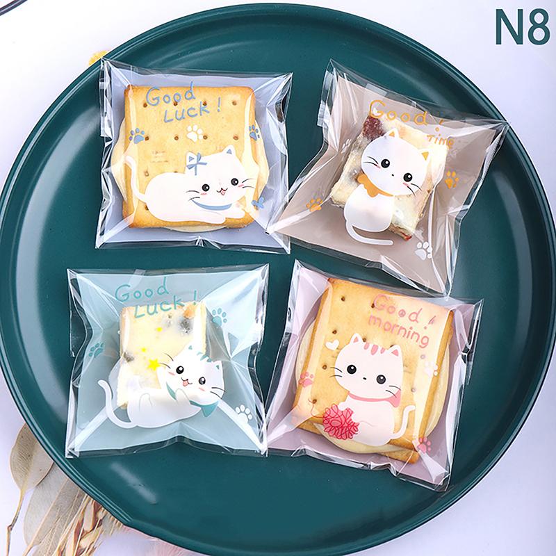 100 stk Mini Tegneseriekatt Emballasjepose, Bake Snacks Selvklebende Pose, Tegneseriekatt Kjeks Kake Emballasjepose