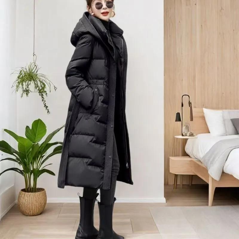 Zimní dámský kabát s kachním peřím, dámský s kapucí, na zip, dlouhý svrchní oděv, ležérní, tlustý, teplý, jednobarevný kabát s páskem