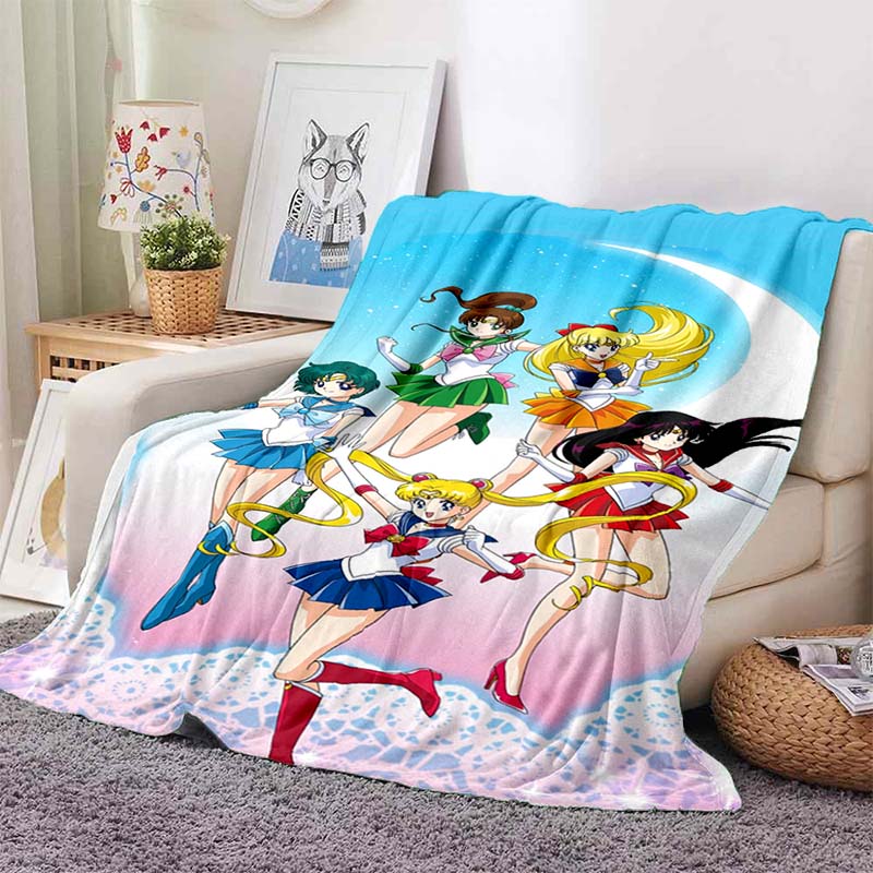 HD S-Sailor M-Moon Flannel Throw Blanket 3D Cartoon Print Soft Warm Lightweight Sofa Bed Cover Girls Bedroom Travel Decor Gift