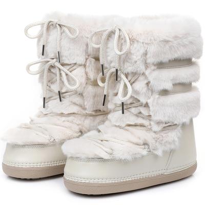 Winterweiße Mid-Calf-Stiefel Damen Pelzstiefel Marke Luxus Flauschiger Pelz Schneestiefel Damen Dickes Fell Rutschfeste Baumwollstiefel