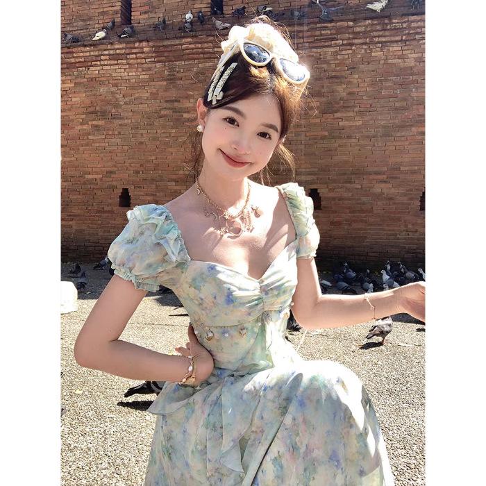 

Smudged purple floral dress, summer ruffle edge design, thin and fleshy temperament long dress for women XL зелений