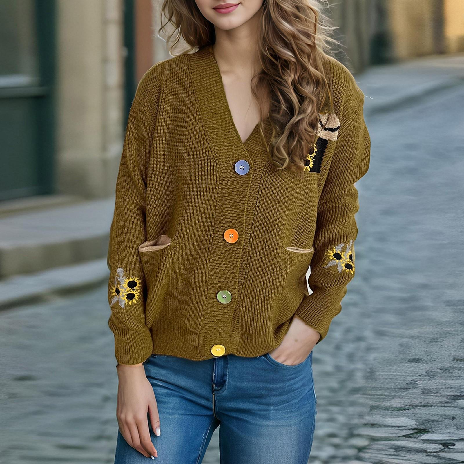 Цветочная вышивка вязаный свитер V-образный вырез контрастного цвета женский свитер — фото 4