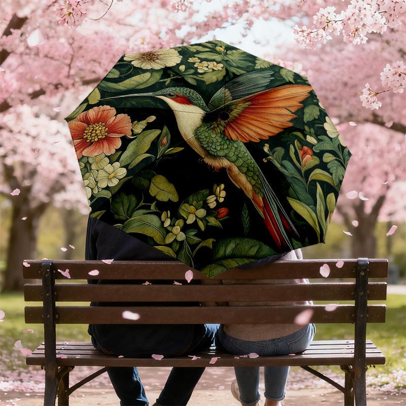 1pc Hummingbird Floral Automatic Folding Umbrella, Heavy Duty 8 Rib Iron Frame,  Suitable for Travel, Daily Use, Birthday, Decor Gift M0104069