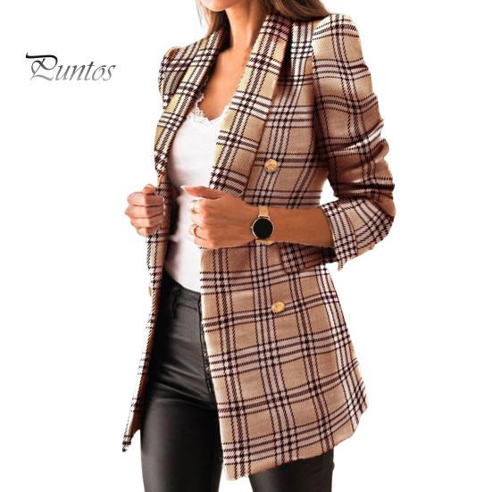 Winter Coat Women Autumn Blazer Lapel Cardigan Long Sleeves Double-breasted Slim Fit Lady Warm Casual Thick Plaid Print for Work