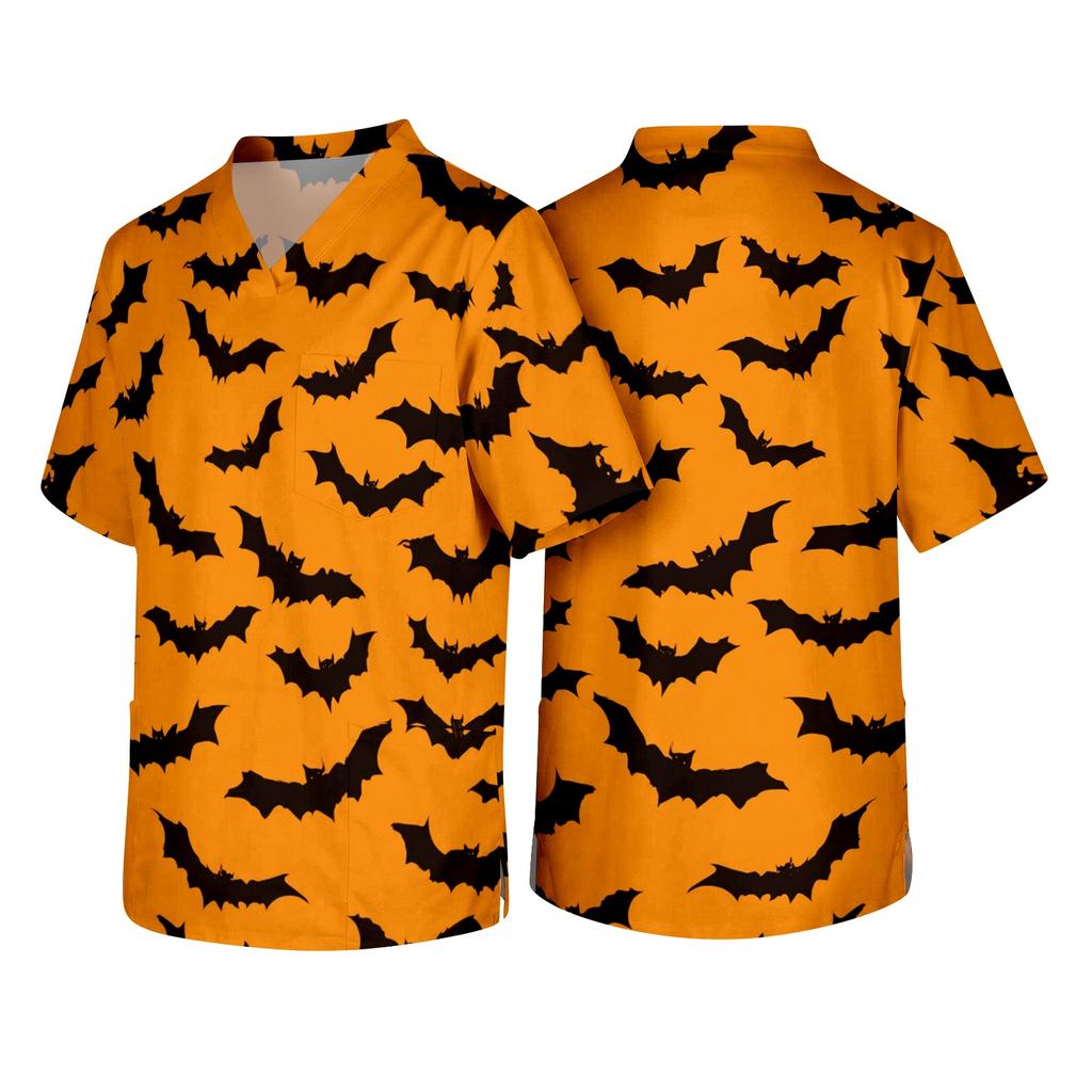 Men's Halloween Print V Neck Medical Scrub Top with Chest Pocket Short Sleeve Lightweight Comfortable Work Shirt for Healthcare Professionals