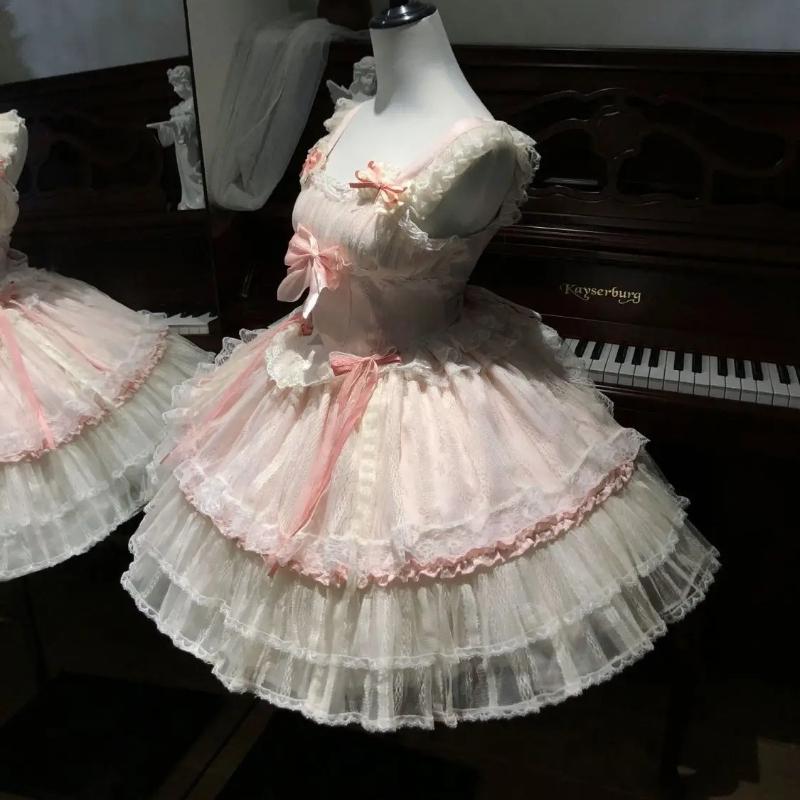 Vestito Lolita Cosplay Kawaii Stile Giapponese Donna Vintage Dolce Pizzo Fiocco Volant Vestiti a Torta Harajuku Y2k Vestito Stretto a Fasciatura