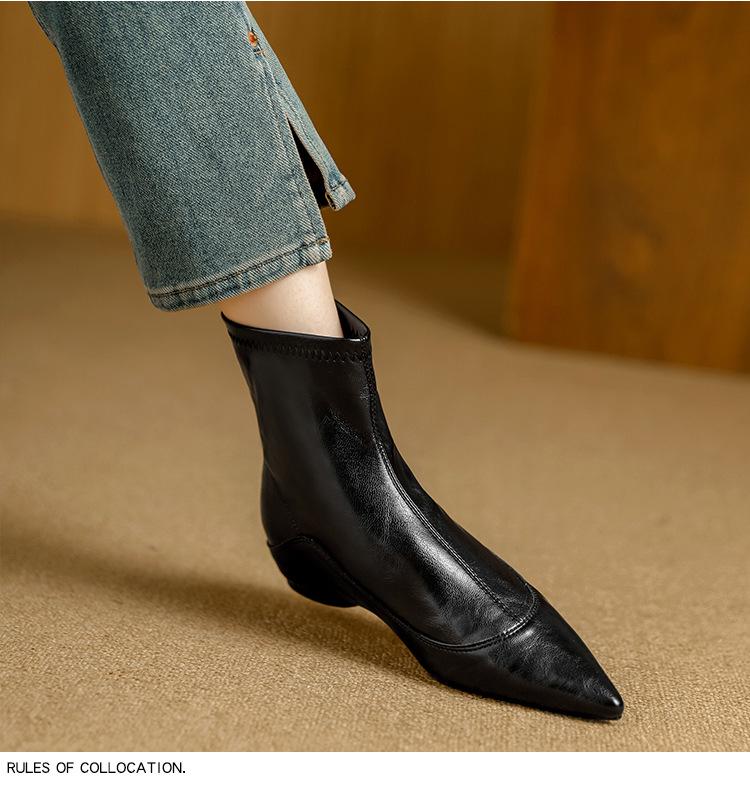 French Stretch Slimming Boots: Autumn/Winter Fleece-lined, Retro Style, Soft Leather, Inner Height Increase, Back Zipper Short Boots