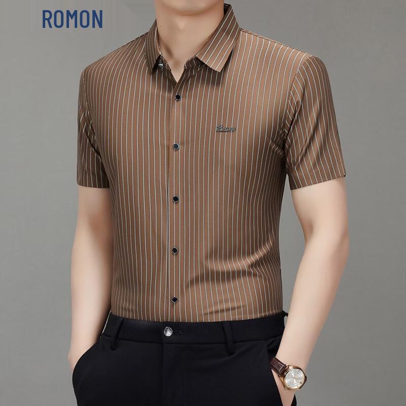 ROMON Men's Striped Short Sleeve Casual Shirt