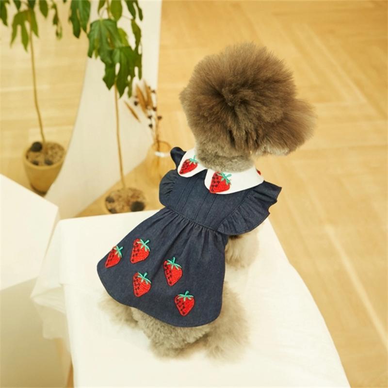 Cute Dog Dress Strawberry Applique Flutter Sleeves Dress Soft Pet Clothes Puppy Dog Clothes Pomeranian Chihuahua Clothes