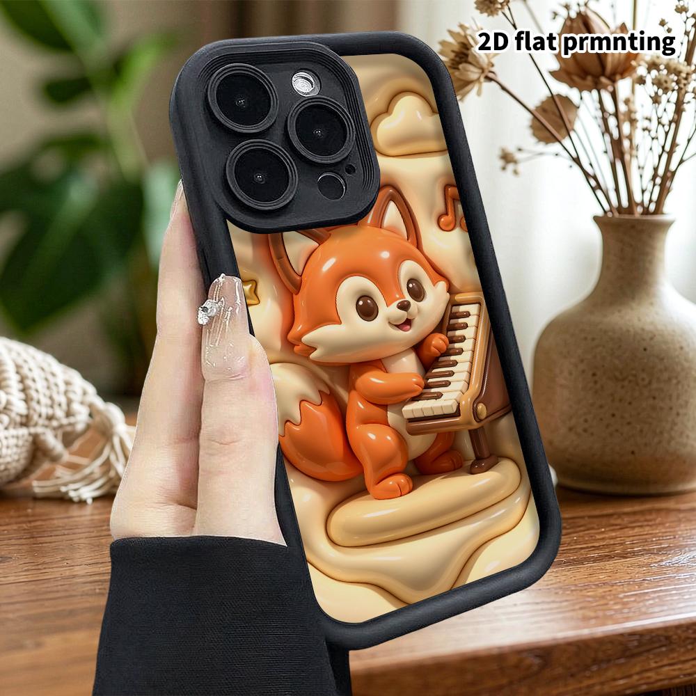 Phone case: 2D flat design suitable for iPhone 18 17 16 15 14 13 Pro protective case, little fox playing the piano, perfect Christmas and Halloween ho