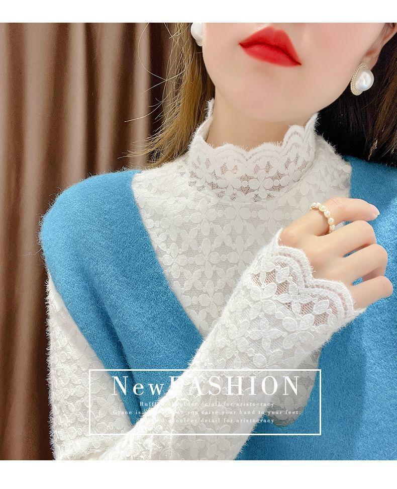 Dámský zimní top s krajkou a vysokým límcem, zateplený fleecem, slim fit - Hřejivý a všestranný