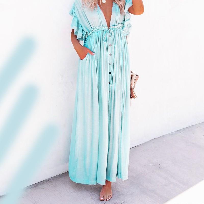 Mode Kurzarm Tiefer V-Ausschnitt Locker Maxi Langes Kleid Damen Einfarbig Elegant Strand Sonnenschutz Party Hemdkleid Schnürung Lässig Schlichte Kleidung