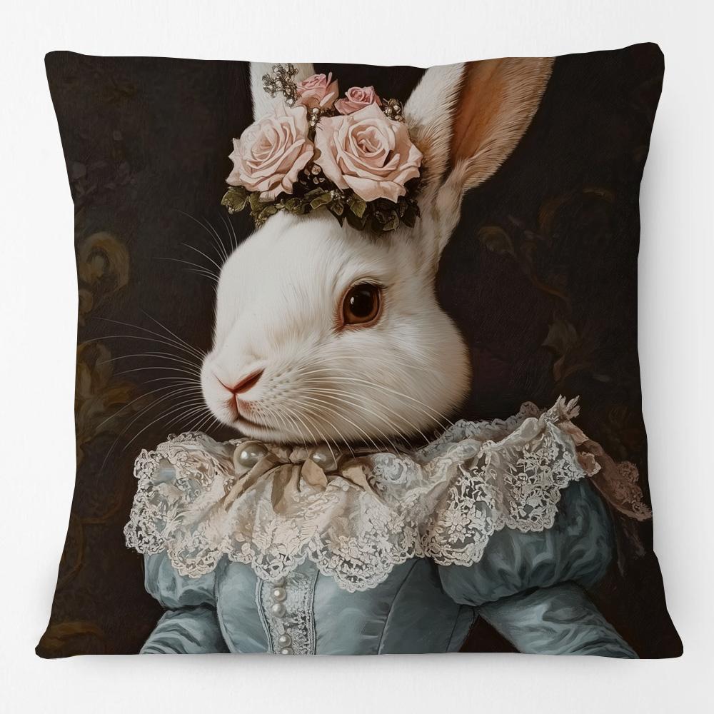 Vintage Easter Girl Cushion Cover Victorian Rabbit Bunny Portrait Print Decorative Pillow Case
