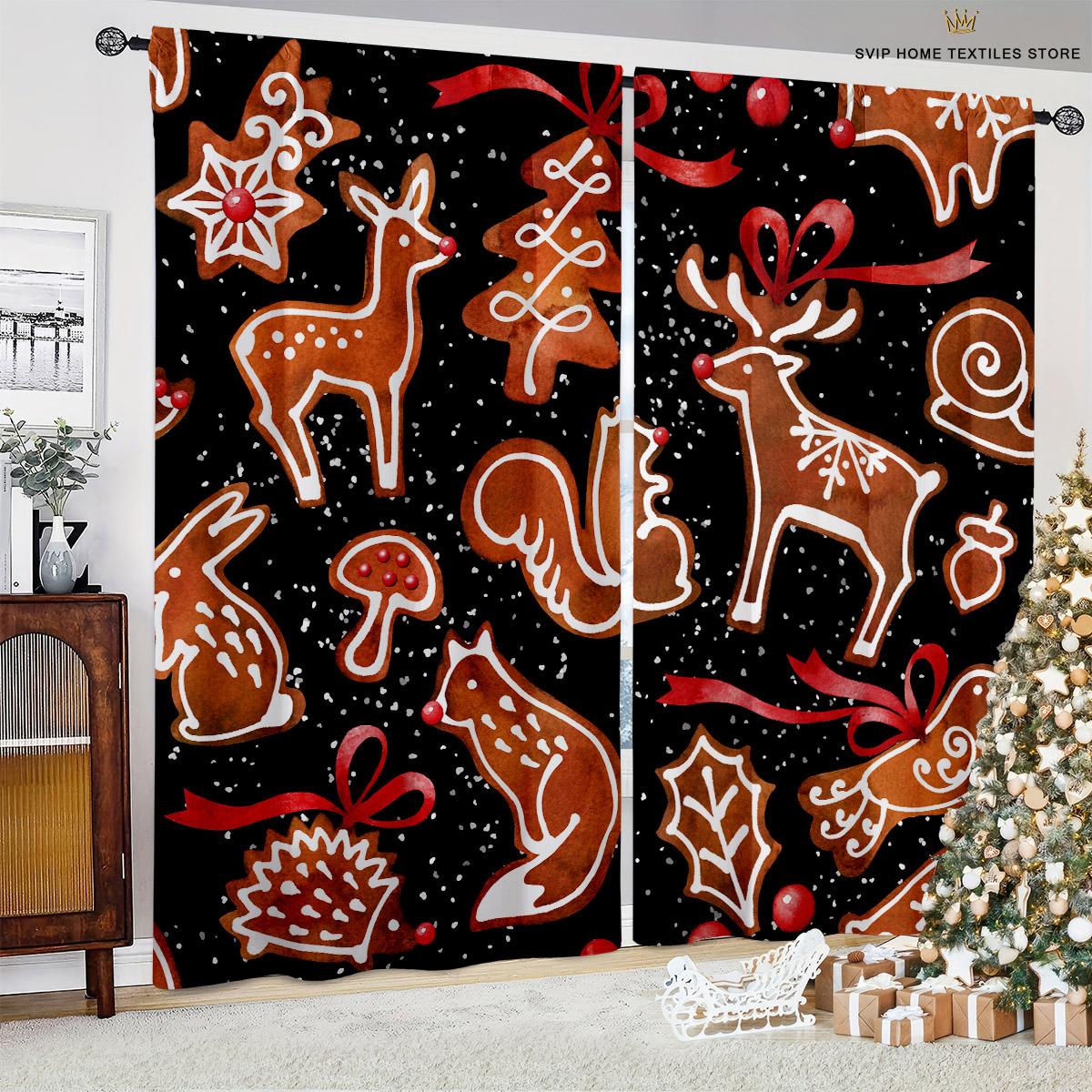 

Merry Christmas Holiday Cartoon Style Print Print Window Curtains, Fireplace, Tree, Home Decor, Bedroom, Living, Kitchen Area, Ornamental, 2 Pcs W50X130H(CM)X2PCS&Rod pocket
