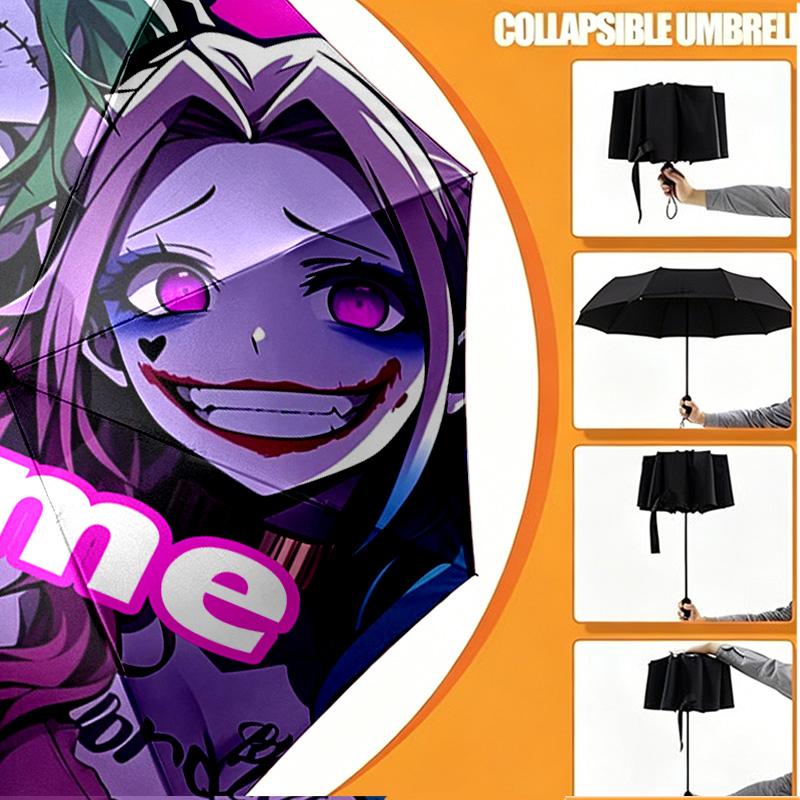 Custom Name Personalized Harley Quinn Joker Print Umbrella, Auto Open Close, 8‑Rib Sturdy Frame, Commute Camping Hiking Use, Birthday Gift