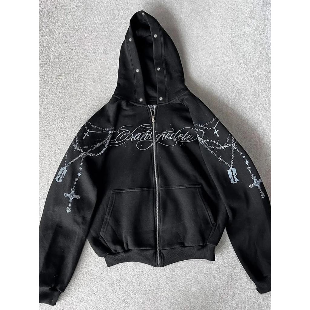 BeatStreet Móda Streetwear Dámská Gotická Punková Bunda s Kapucí z Umělé Kožešiny s Potiskem Kříže Trendy Drsná Mikina na Zip