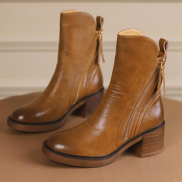 

Новые осенние женские туфли Кожаные короткие ботинки для женщин Круглый носок Массивный каблук Ботинки на молнии Ботильоны Женские туфли на платформе Каблук C1056 40 чёрный