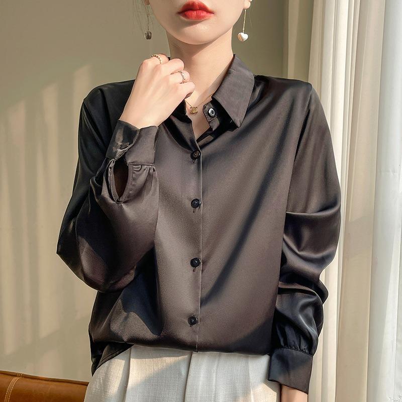 

Professional Shirt Women s Casual Long-sleeved Spring and Summer New Summer Acetate Satin Commuter Temperament Formal Shirt Top XXXXXL чорний