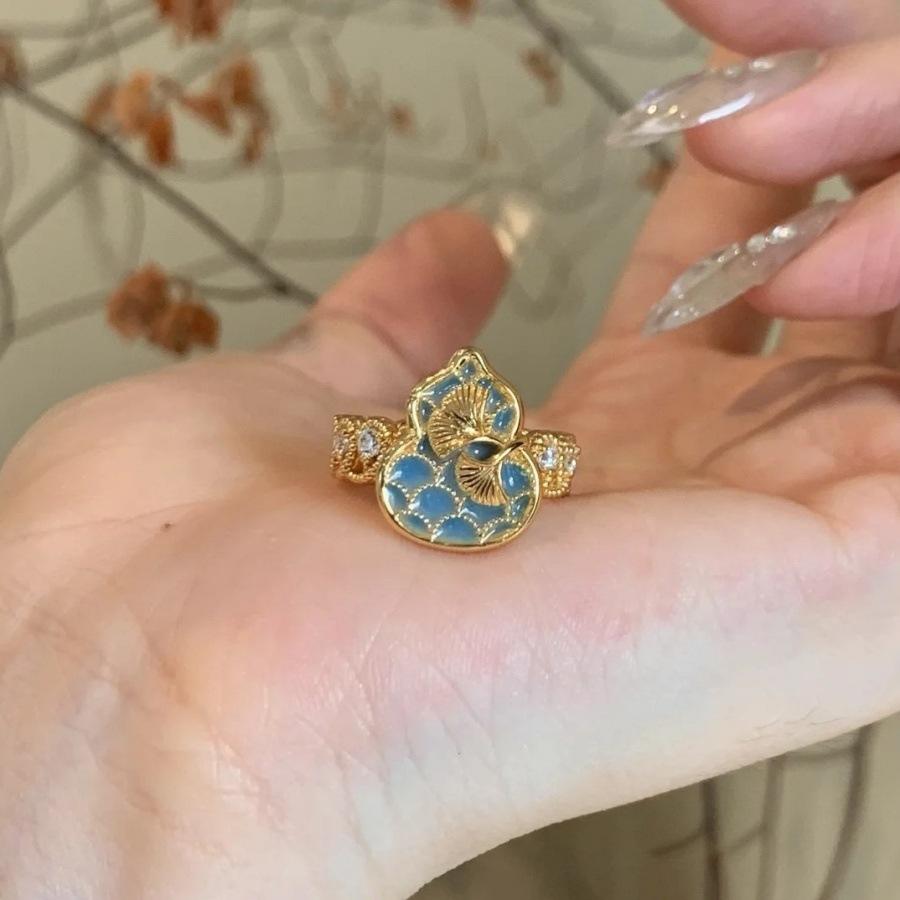 New Chinese ancient enamel apricot leaf gourd ring exquisite temperament versatile texture zircon ring