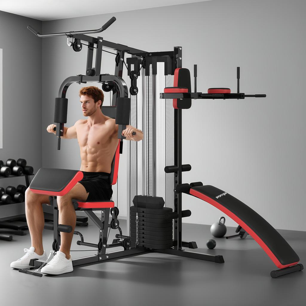 Multi-Gym Station, 65 kg Weights, Abdominal Bench, Black and Red