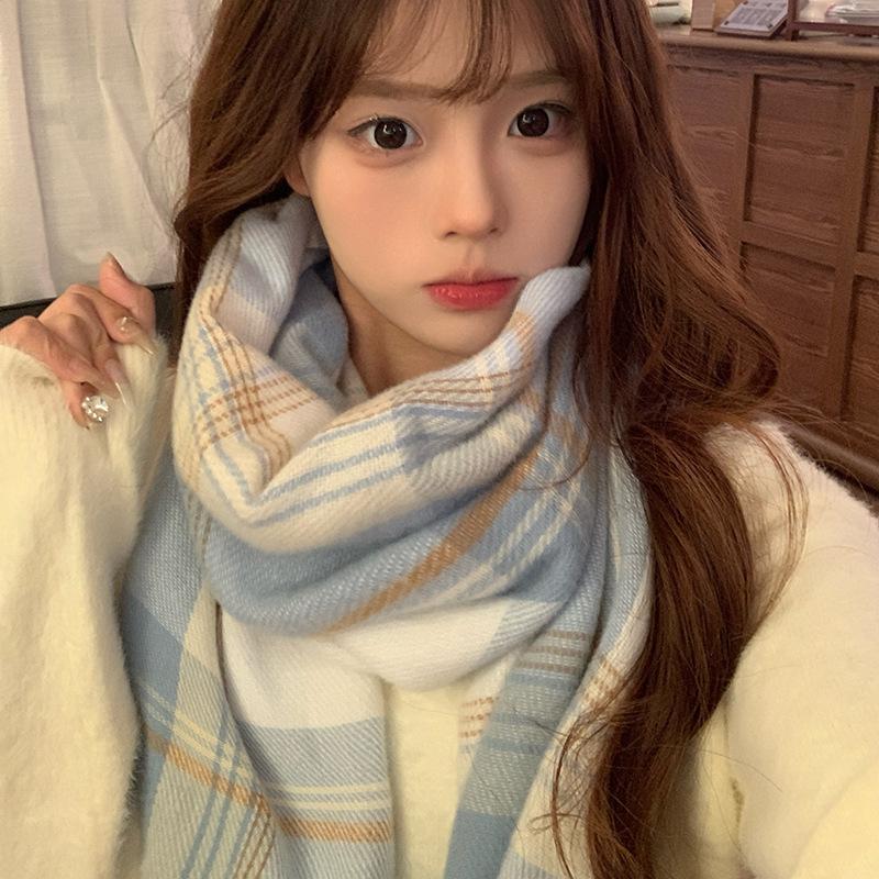 Korean New Autumn and Winter Versatile Scarf Big Shawl Japanese Fringed Milk Blue Jk Plaid Scarf