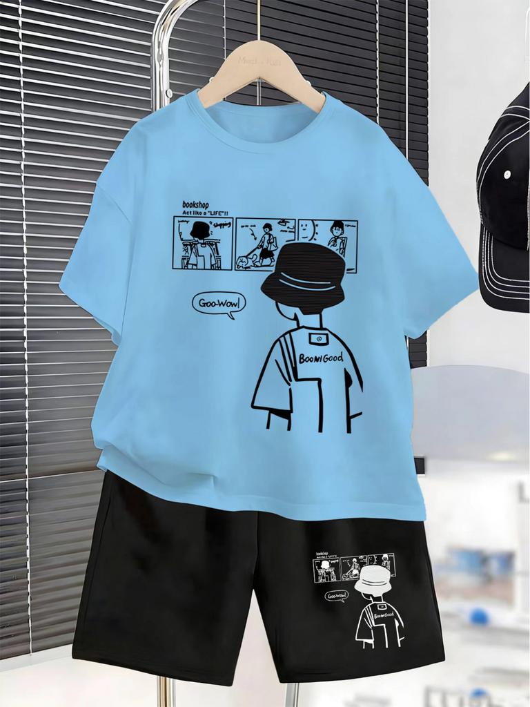 Boys Short Sleeve Suit Summer New Cartoon Style Teenager Back Print Children T-shirt Shorts Two Sets