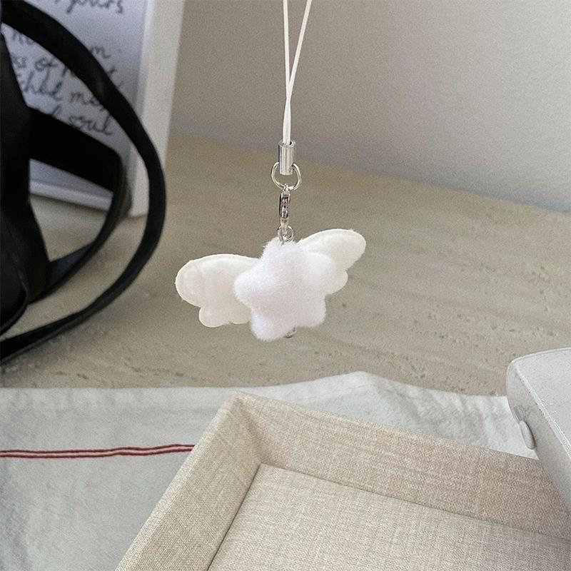Cartoon Flocking Cat Pendant Keychain Y2K Butterfly Wings Key Ring For Women Girls Cute Camera Bag Pendant Decoration Gifts