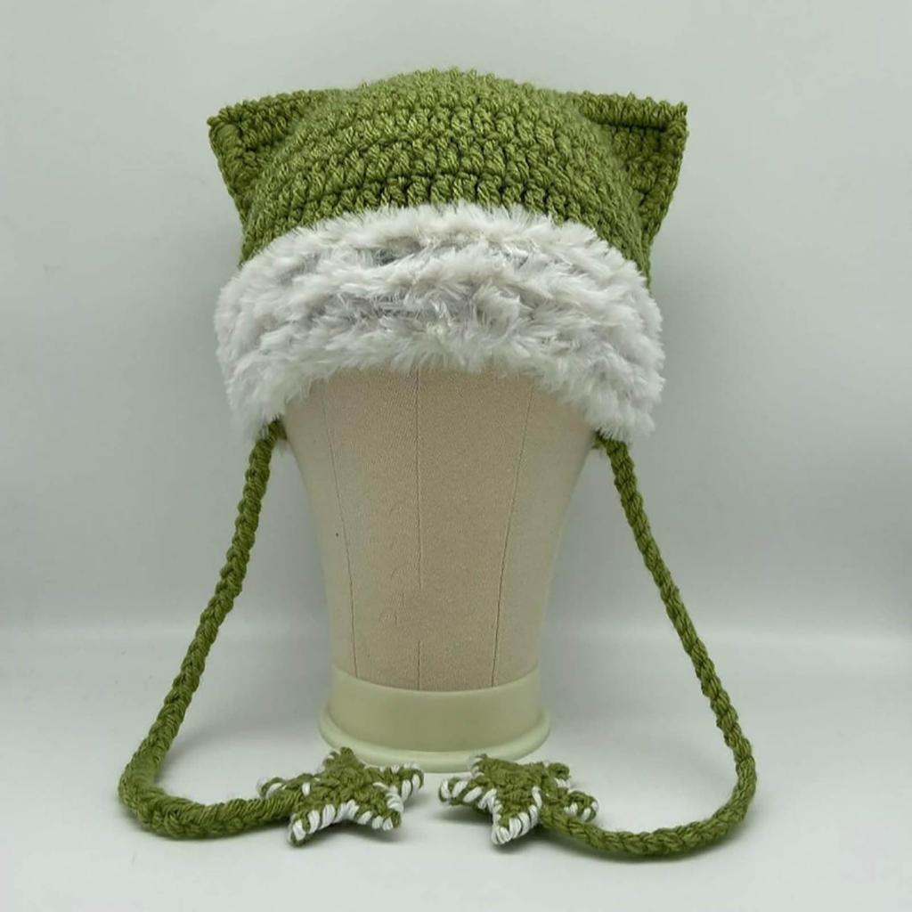 Women's Hand-Knitted Star Striped -Ear Braid Hat With Ear Protectioned, Fashionable And Versatile Cap