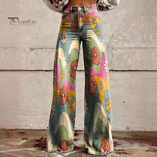 Dame Retro Casual Bukser Middels høyde Knapp Glidelåsgylf Vidt ben Lange Bukser med Lommer Digitalt Blomsterprint Fritidsbukser Streetwear