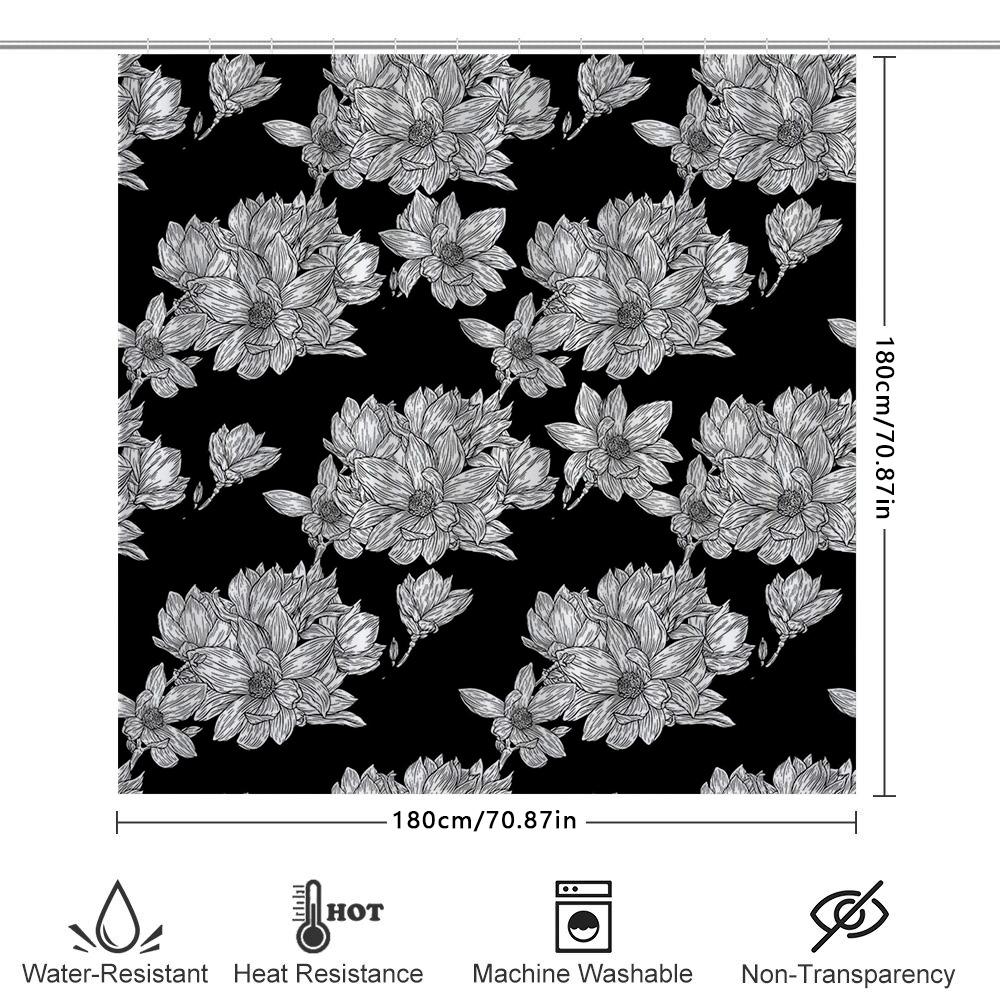 Black And White Floral Print Shower Curtain Bathroom Decor With Magnolia Flowers Pattern, 72 X 84 Inches For Home Use