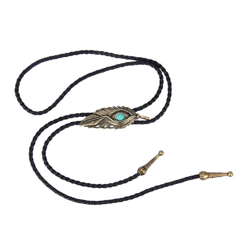 Metal Turquoise Bolo Tie Wing Pattern Feather Necktie for Shirt Jeans Western Necklace Braided Shoestring Necktie Bola-T