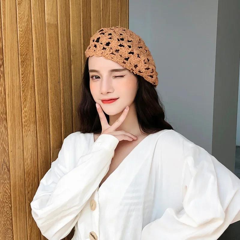 Hollow Breathable Knitting Beret Caps for Women Spring Summer Handmade Hook Flower Design Artist Hat Fashion Mushroom Hat
