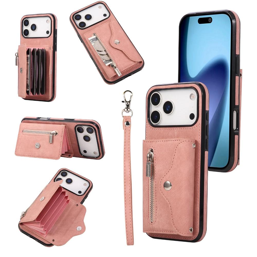 Phone Case for iPhone 17 Pro Max 16E Air 16 Pro 15 Plus 14 13 Mini 12 11 Lanyard Zipper Plain Leather Card Holder Wallet Cover