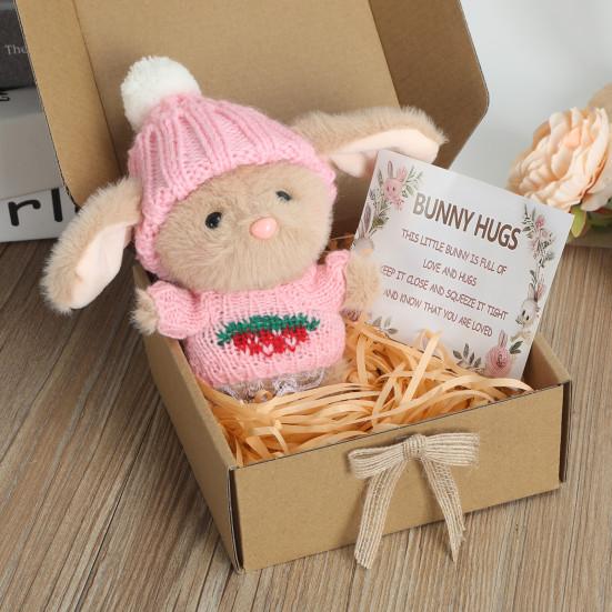Mini-Häschen-Umarmung, Ostergeschenk, Plüsch-Kaninchenpuppe mit Strickmütze und Bommeltasche, emotionales Unterstützungstier mit Geschenkbox, inspirierende Karte