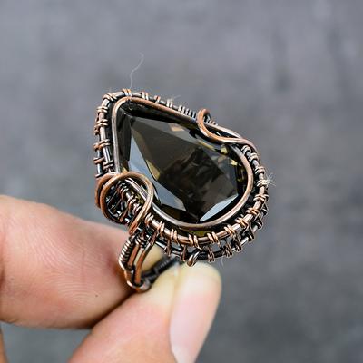 Anillo de joyería de regalo con envoltura de alambre de cobre con piedra preciosa de topacio ahumado natural tamaño 8 u6w25